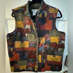 VTG Southwestern Embroidered Patchwork Tapestry Button Up Vest Boho Lined Cozy